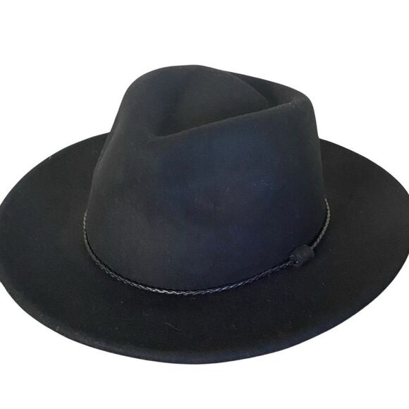 Black Wide Brim Braided Faux Leather Band Fedora Hat NWT main image 5